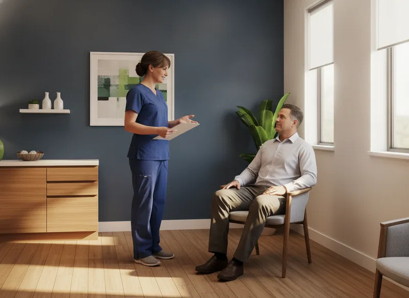 Nurse walking a patient through what to expect before his epidural injection