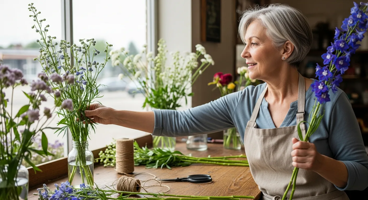 Florist working comfortably at her shop after facet joint injection treatment