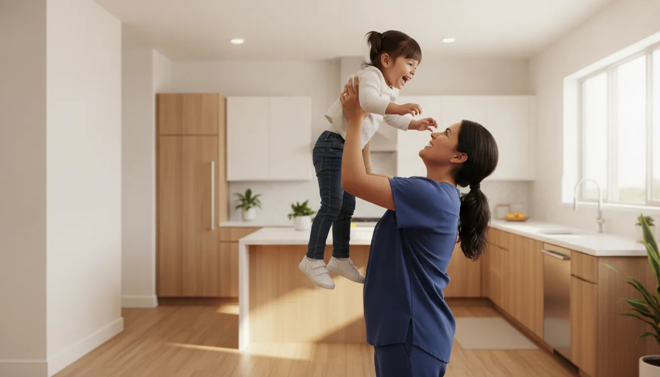 Mother lifting her daughter pain-free after herniated disc treatment