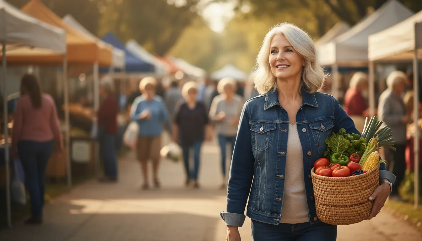 Woman walking comfortably through a farmers market after lower back pain treatment