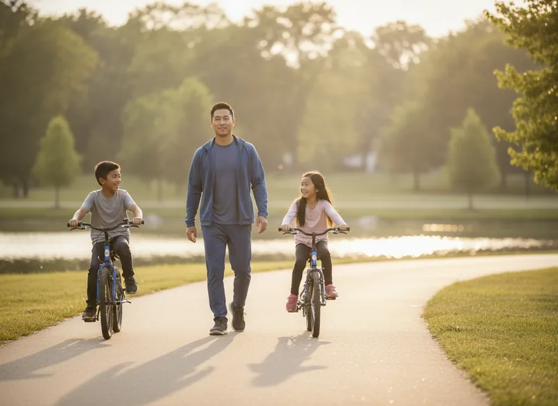 Father walking the park trail with his kids during lower back pain recovery