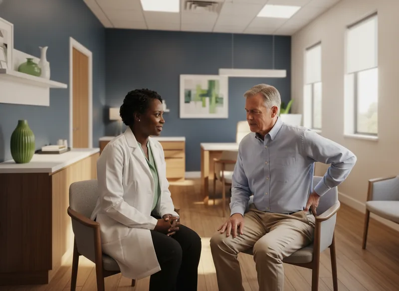 Physician listening as a patient describes his lower back pain