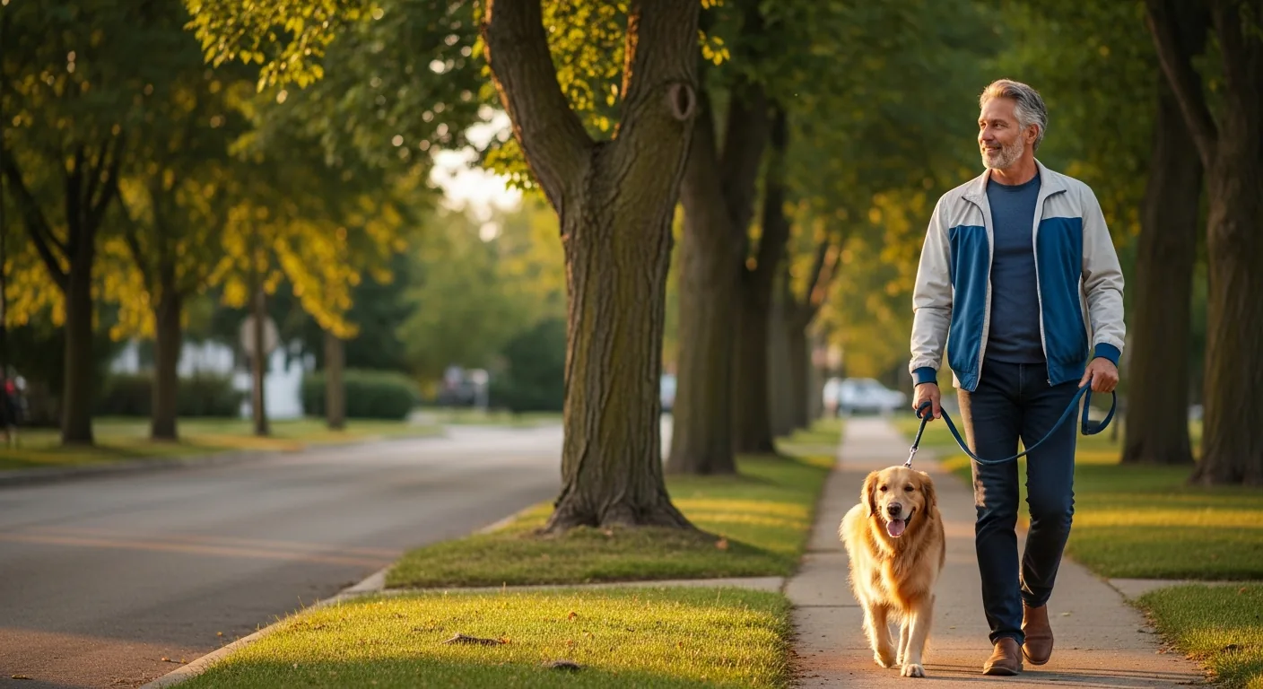 Man walking his dog comfortably after sciatica treatment