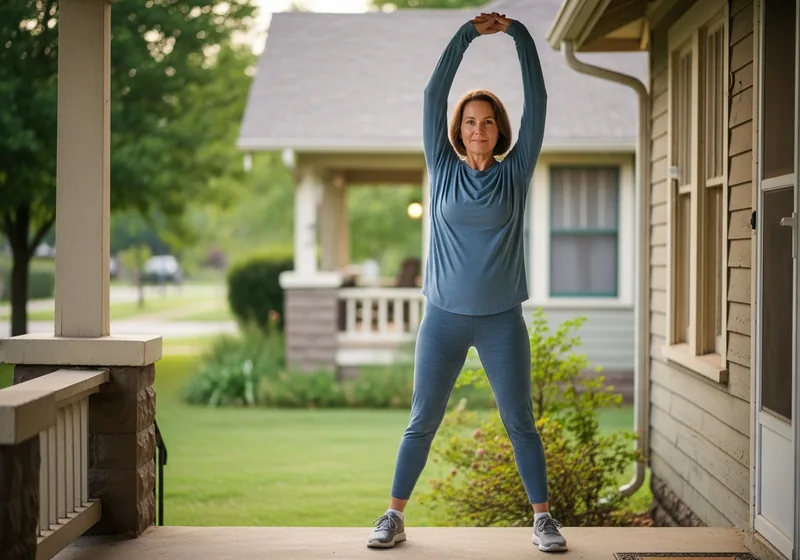 Woman staying active with gentle morning stretching during sciatica recovery