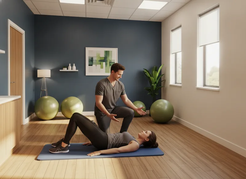 Physical therapist guiding pelvic stability exercises for SI joint pain