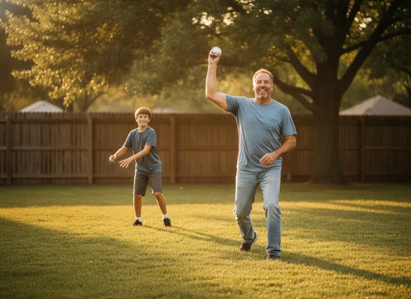 Father playing catch with his son again after spinal cord stimulation