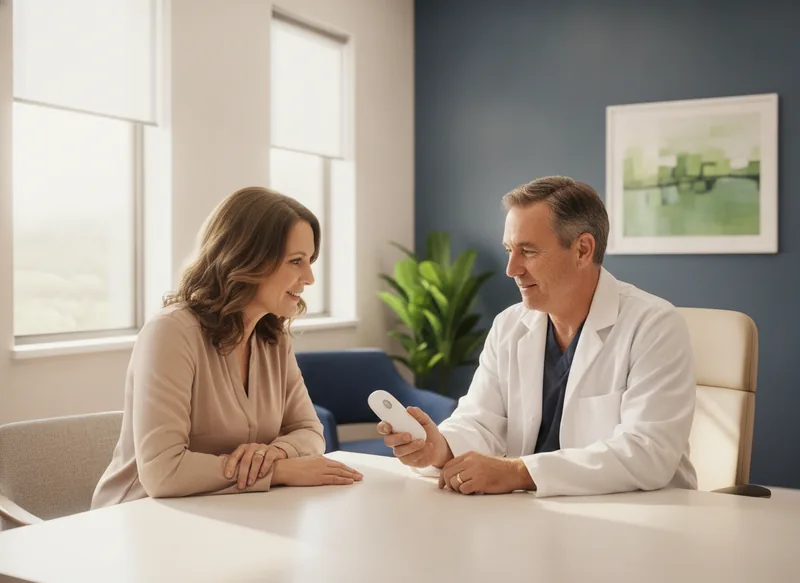 Physician explaining how a spinal cord stimulator remote works