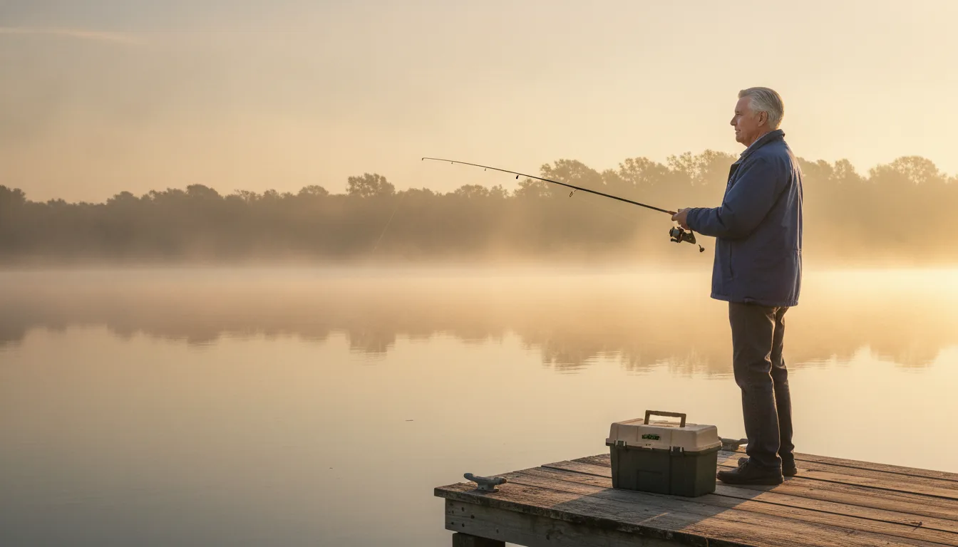 Man in his seventies fishing comfortably at sunrise after spinal stenosis treatment