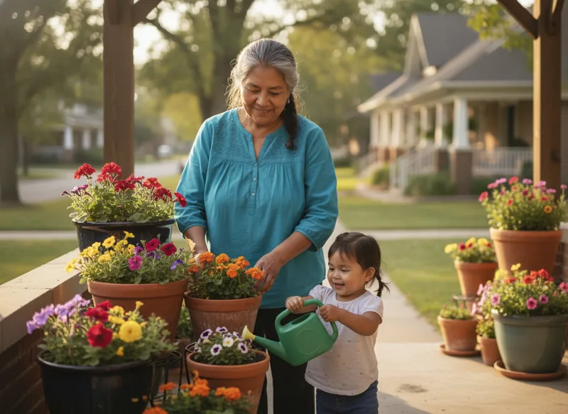 Grandmother gardening comfortably with her grandchild during spinal stenosis recovery