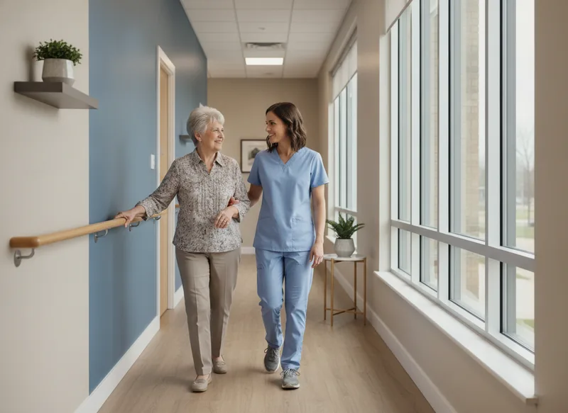 Clinician assessing a patient's walking comfort during a spinal stenosis evaluation